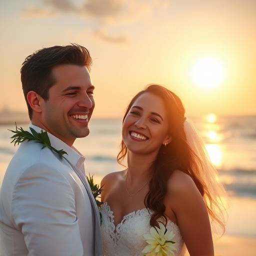 Casal sorrindo durante a cerimônia de casamento em uma praia ensolarada da Bahia.