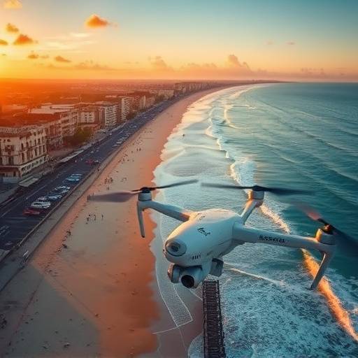 Fotografia aérea de uma praia em Salvador, Bahia, tirada por um drone.