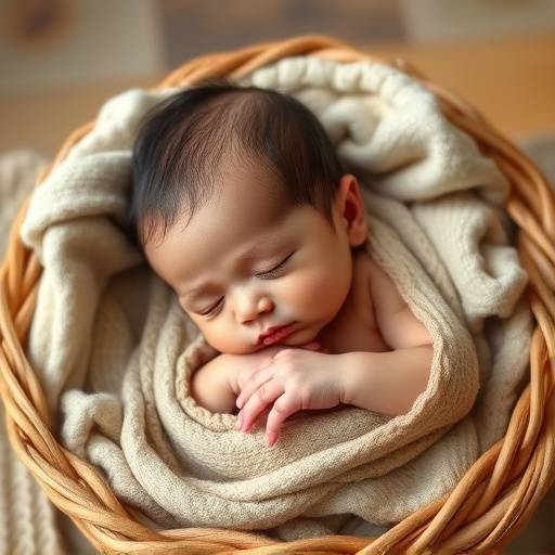 Fotografia de um bebê recém-nascido dormindo em um cesto.
