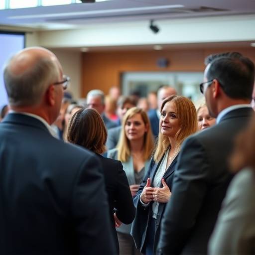 Fotografia de um evento corporativo com pessoas interagindo e discursando.