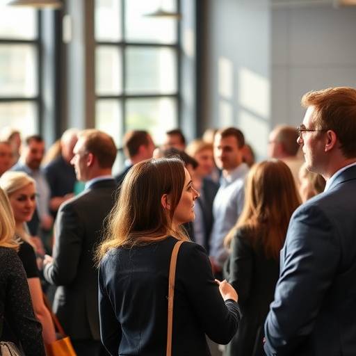 Fotografia de um evento corporativo com pessoas interagindo.