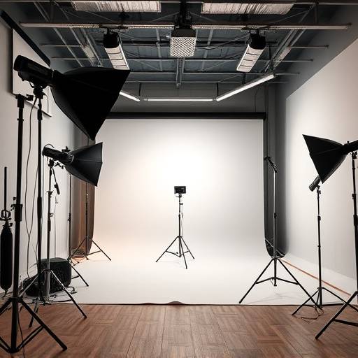 Interior do estüdio fotográfico Luz do Brasil com equipamentos profissionais e iluminaäão.