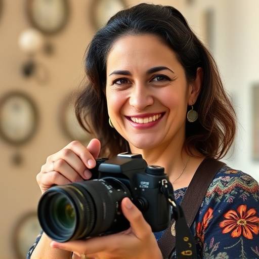 Retrato de Maria Silva, fundadora e fotógrafa principal do Estüdio Luz do Brasil, sorrindo com uma câmera na mão.