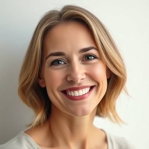 Retrato de uma mulher sorrindo em um ensaio fotográfico.