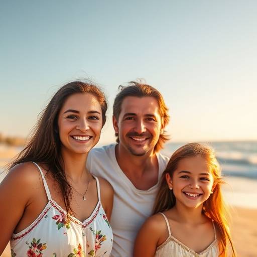 Uma família sorrindo durante um ensaio fotográfico na praia em Salvador, Bahia.